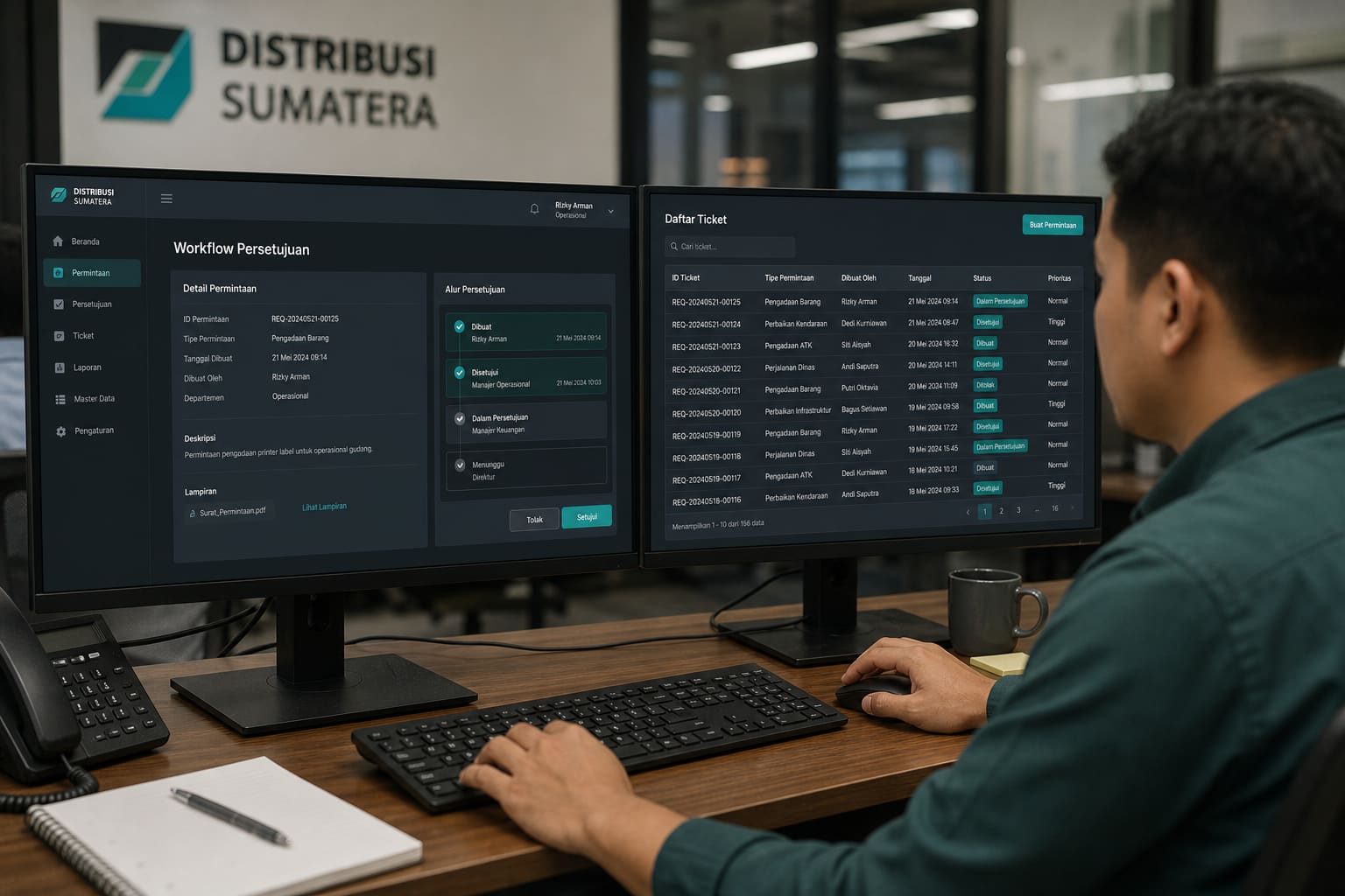 Portal operasional internal dengan alur approval di dual monitor