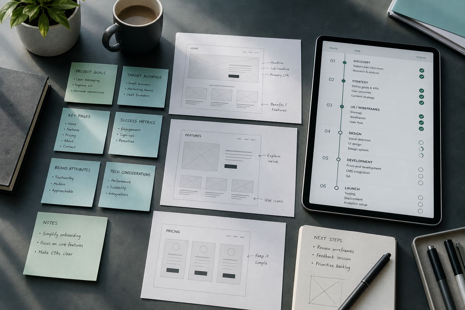Perencanaan proyek digitalisasi: wireframe, timeline, dan catatan kerja di meja